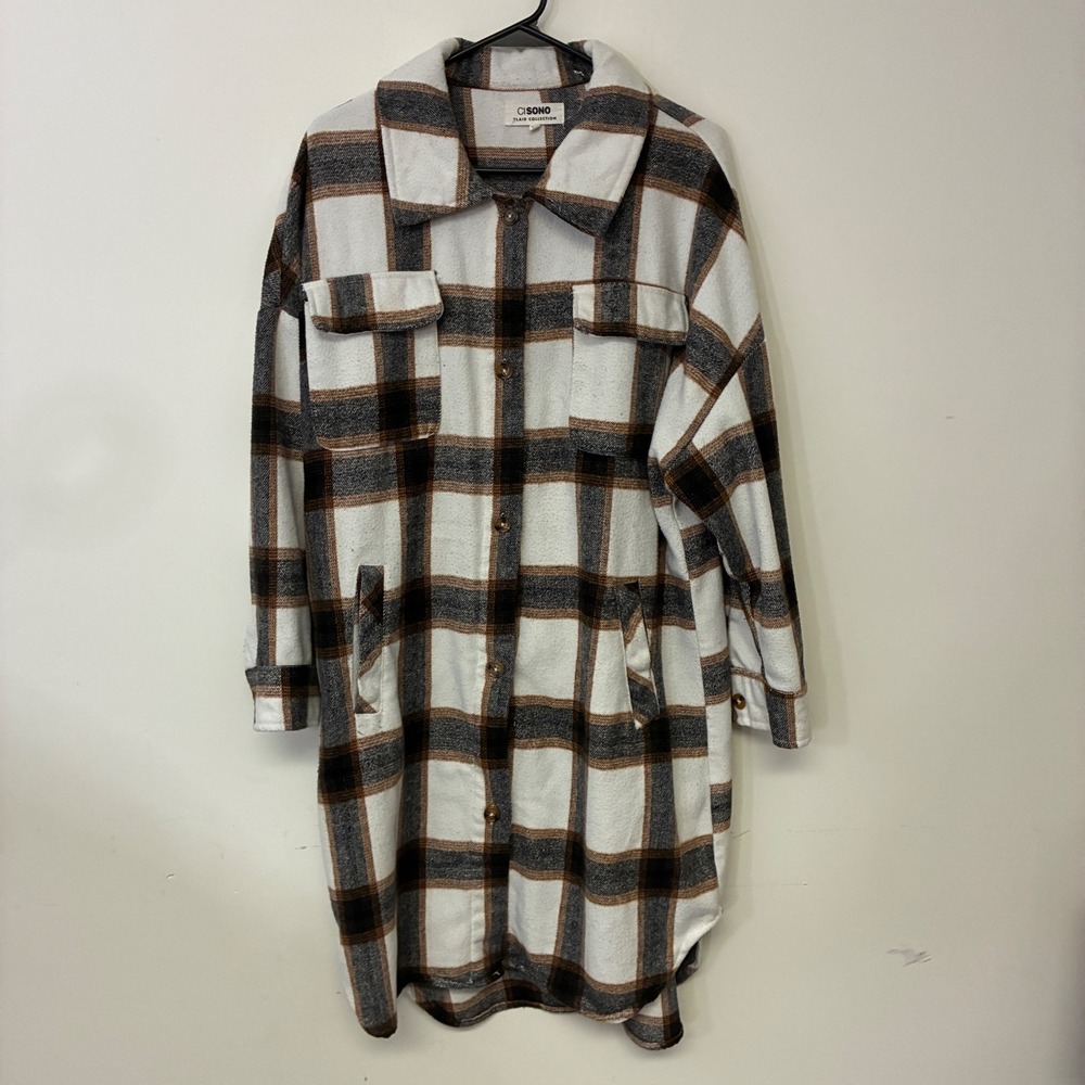 353 Ci Sono Plaid Shacket XL White Brown Black Longline Flannel Jacket